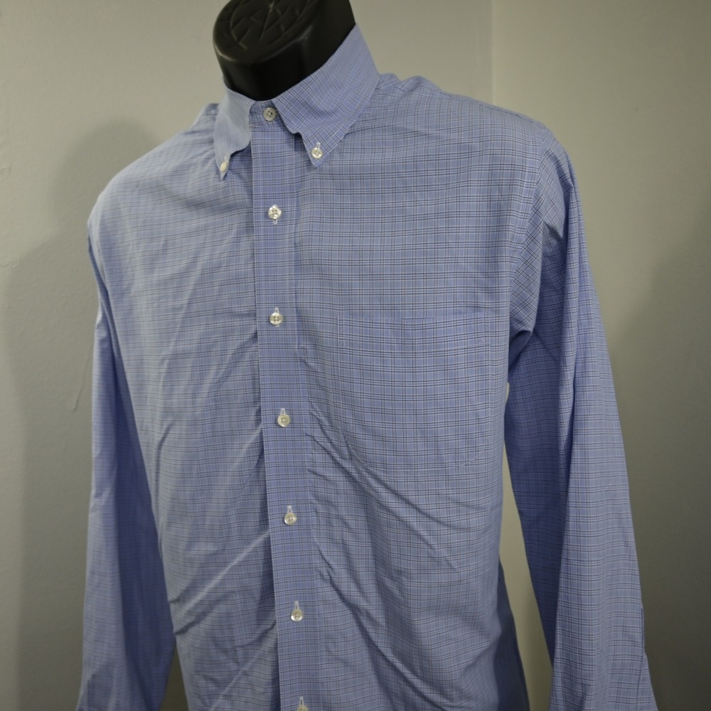 Brooks Brothers 346 Dress Shirt Mens 16-34/5 Large Slim Fit Blue Plaid Button Up